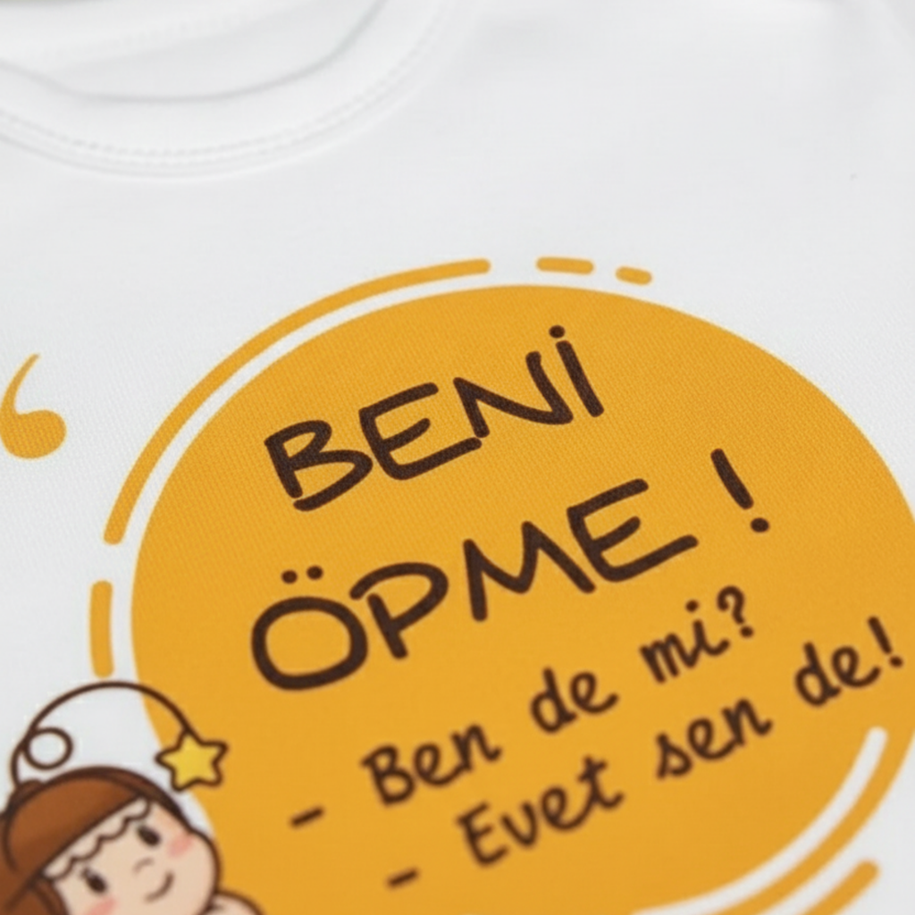 Beni Öpme Bebek Zıbını, Beyaz Pamuklu, Sevimli Baskılı, Yenidoğan Unisex Giyim, Türkçe Mesajlı, Sarı Daire Tasarımlı