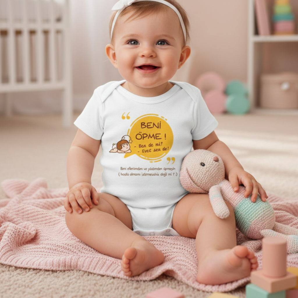 Beni Öpme Bebek Zıbını, Beyaz Pamuklu, Sevimli Baskılı, Yenidoğan Unisex Giyim, Türkçe Mesajlı, Sarı Daire Tasarımlı
