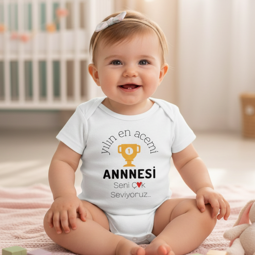 Yeni Anne Bebek Zıbını, %100 Organik Pamuk, Yılın En Acemi Annesi Temalı, Beyaz, Esprili Anneler Günü Hediyesi, Özel Baskılı