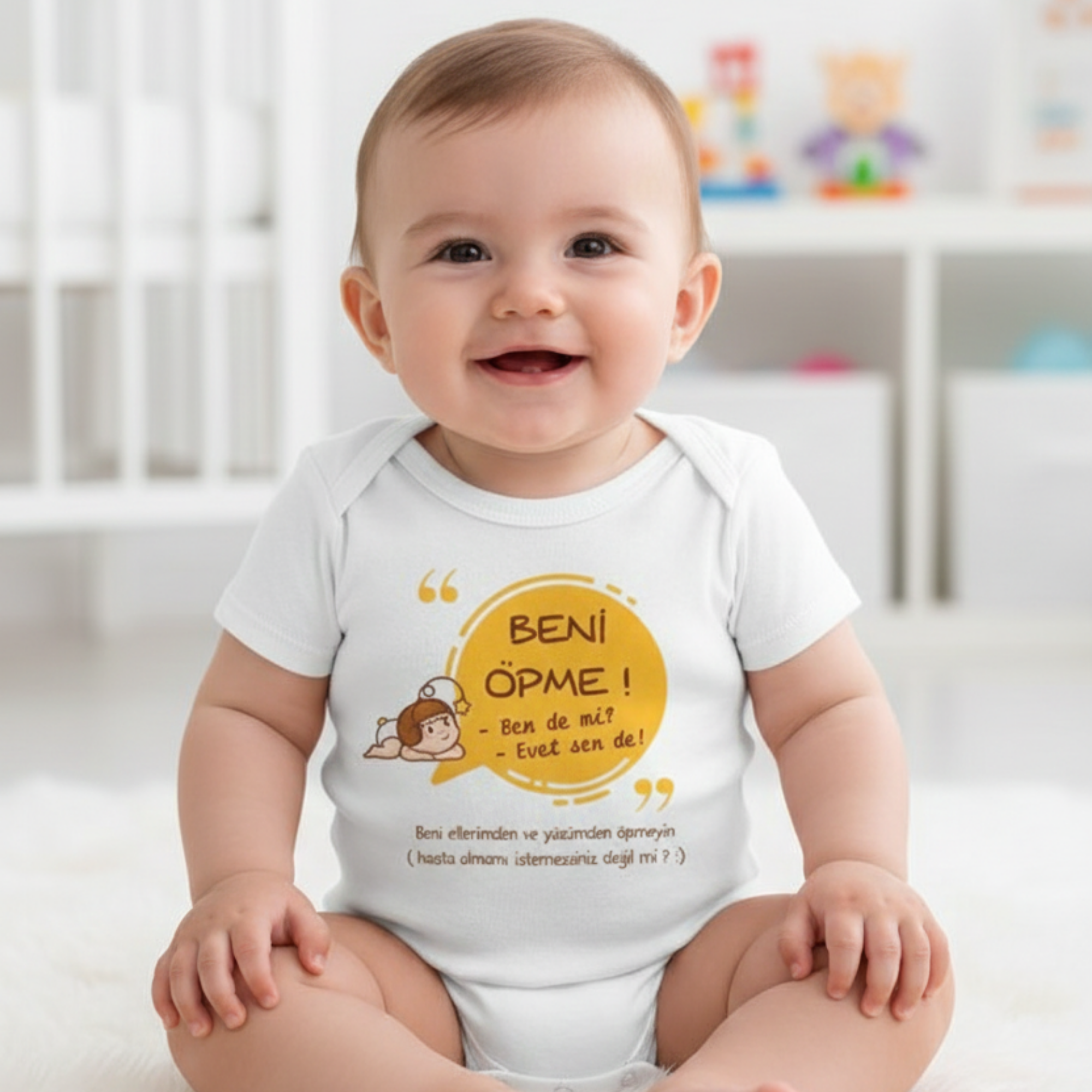 Beni Öpme Bebek Zıbını, Beyaz Pamuklu, Sevimli Baskılı, Yenidoğan Unisex Giyim, Türkçe Mesajlı, Sarı Daire Tasarımlı