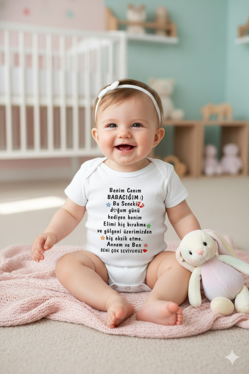 Babacığıma Özel Bebek Zıbını, Türkçe Mesajlı Beyaz Pamuklu Body, Yenidoğan Hediyesi