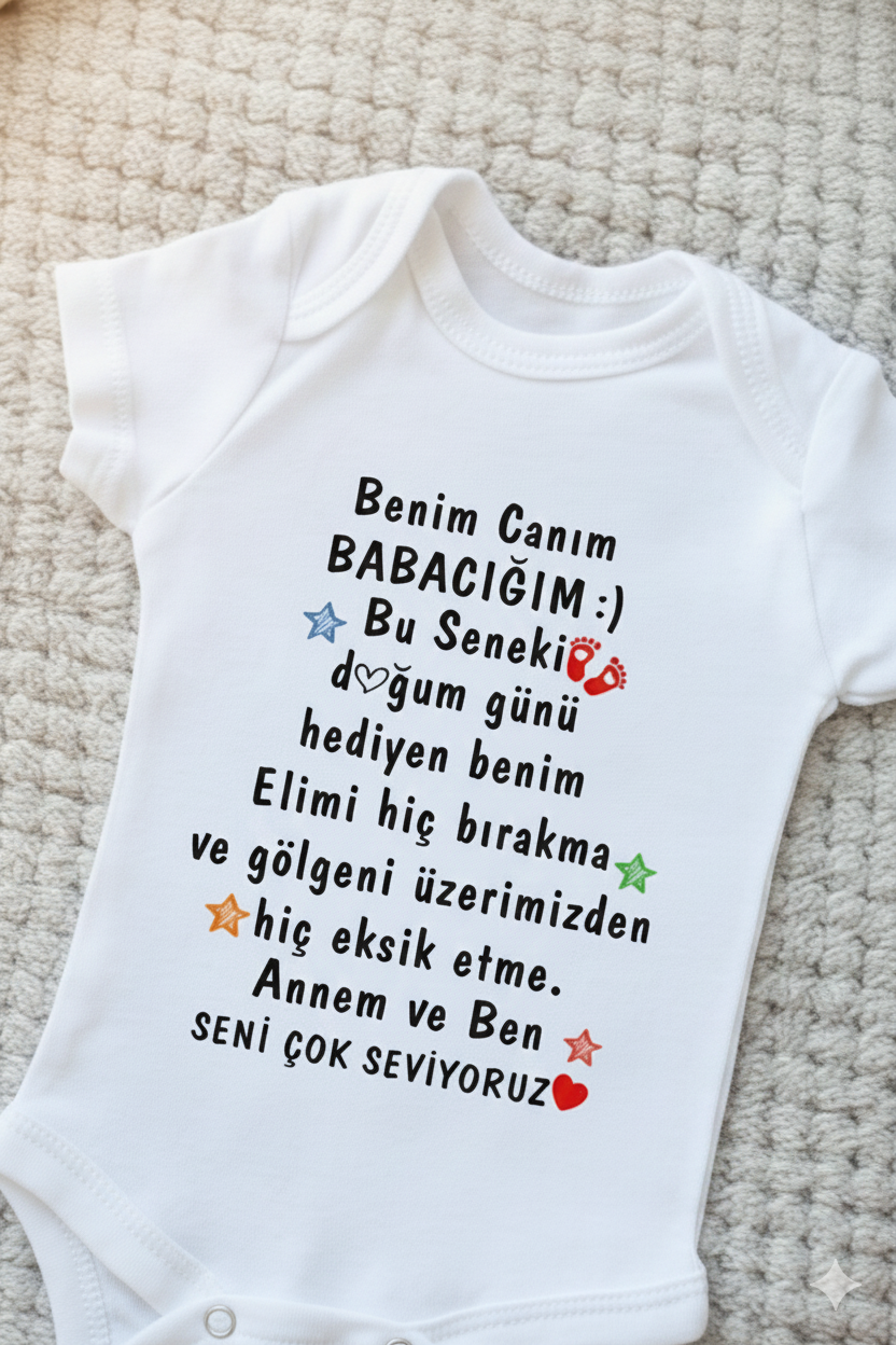 Babacığıma Özel Bebek Zıbını, Türkçe Mesajlı Beyaz Pamuklu Body, Yenidoğan Hediyesi