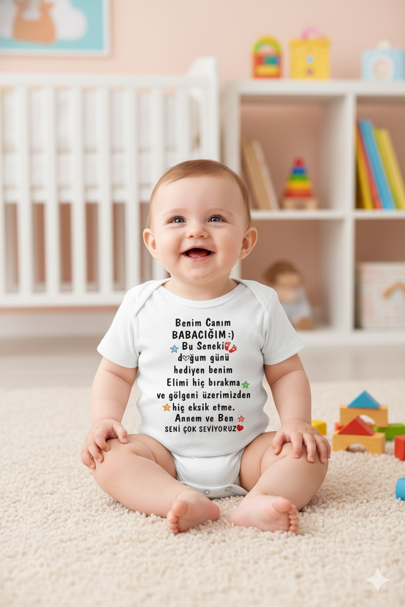 Babacığıma Özel Bebek Zıbını, Türkçe Mesajlı Beyaz Pamuklu Body, Yenidoğan Hediyesi