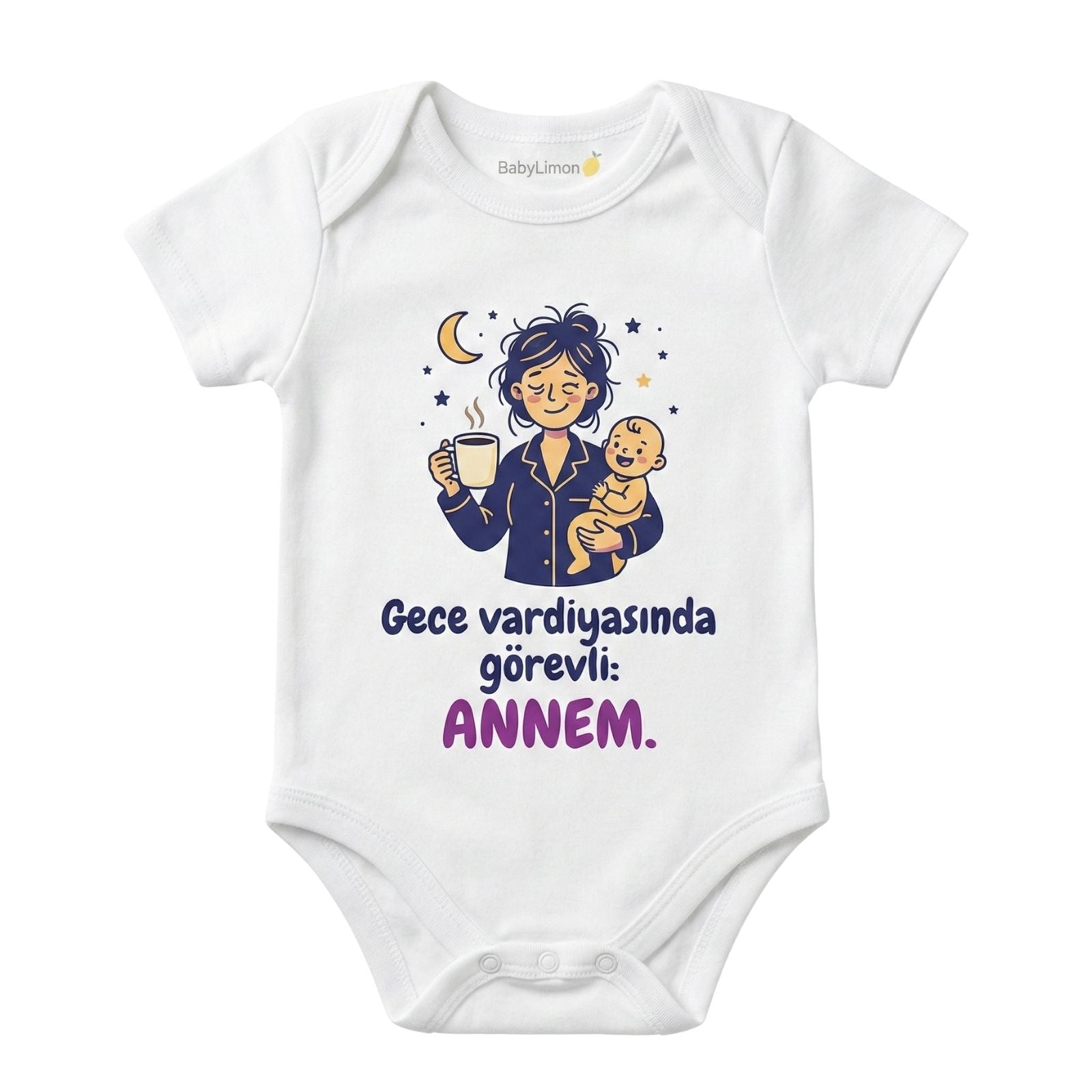 Gece Vardiyasında Görevli Annem Baskılı Bebek Zıbını, Beyaz, Kısa Kollu