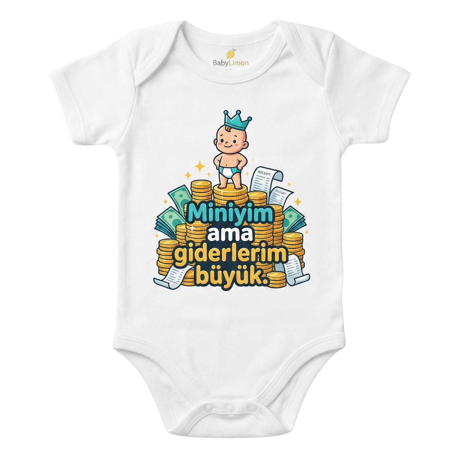 Miniyim Ama Giderlerim Büyük Baskılı Bebek Zıbını, Beyaz, Kısa Kollu Body