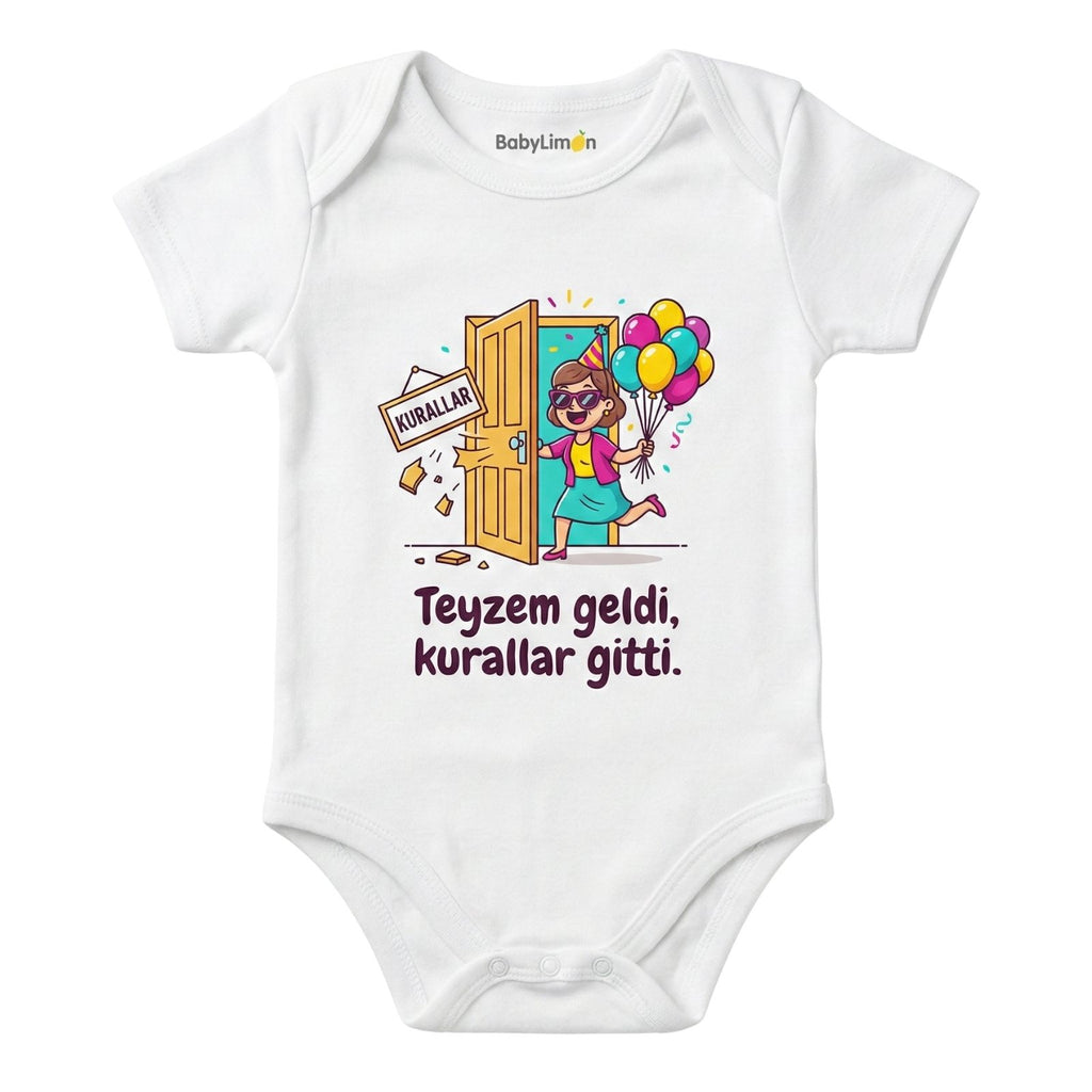Teyzem Geldi Kurallar Gitti Baskılı Bebek Zıbını, Beyaz, Kısa Kollu