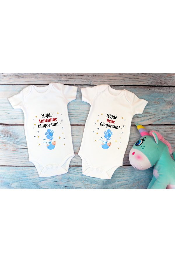 Özel Tasarım Lisanslı Müjde Anneanne/dede Oluyorsun 2’li Bebek Body Beyaz Bebek Badi Zıbın