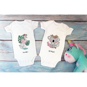 Özel Tasarım Lisanslı Sevimli Filamingo Koala Ikili Bebek Body Beyaz 2'li Bebek Badi Zıbın - Görsel 1