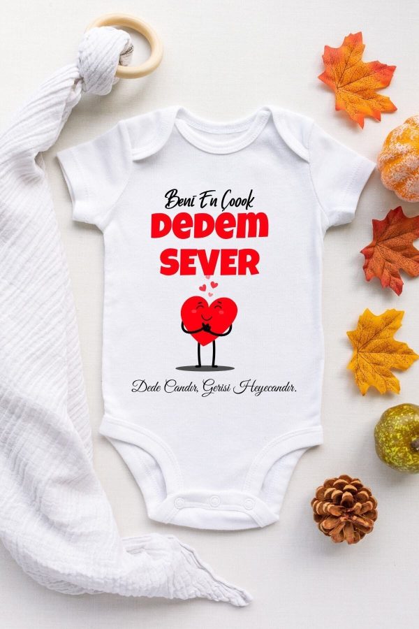 Erkek Bebek Beyaz Dedem Beni Sever Baskılı Kısa Kol Zıbın