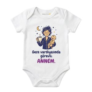 Gece Vardiyasında Görevli Annem Baskılı Bebek Zıbını, Beyaz, Kısa Kollu - Görsel 1
