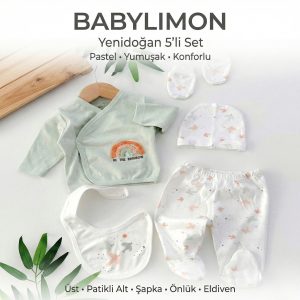 Yenidoğan 5'li Hastane Çıkışı Seti, Pastel Renkli, Yumuşak, Konforlu, Unisex Bebek Kıyafeti - Görsel 4
