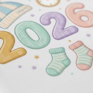 İlk Yılbaşı Bebek Zıbını, %100 Organik Pamuk Unisex Body, Kısa Kollu, Pastel Şapka Çorap Desenli - Görsel 4