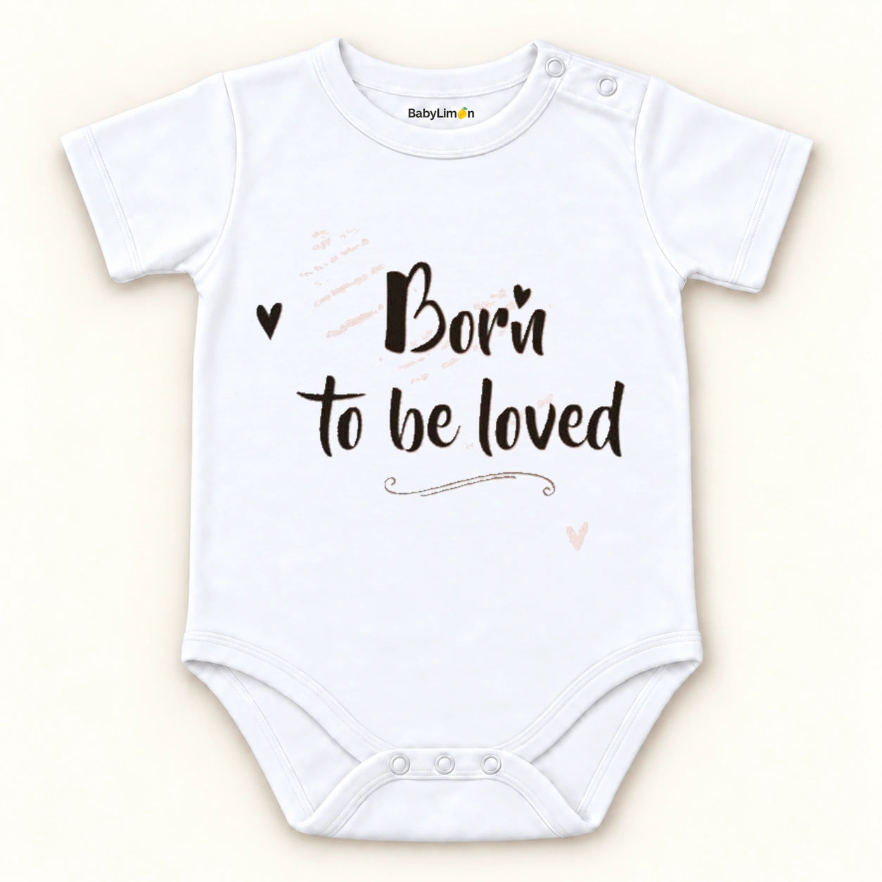 Born To Be Loved Yazılı Kısa Kol Organik Bebek Body ana ürün görseli; BabyLimon çıtçıtlı zıbın