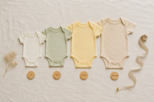 Farklı bedenlerde pastel renkli bebek zıbınları ve mezura